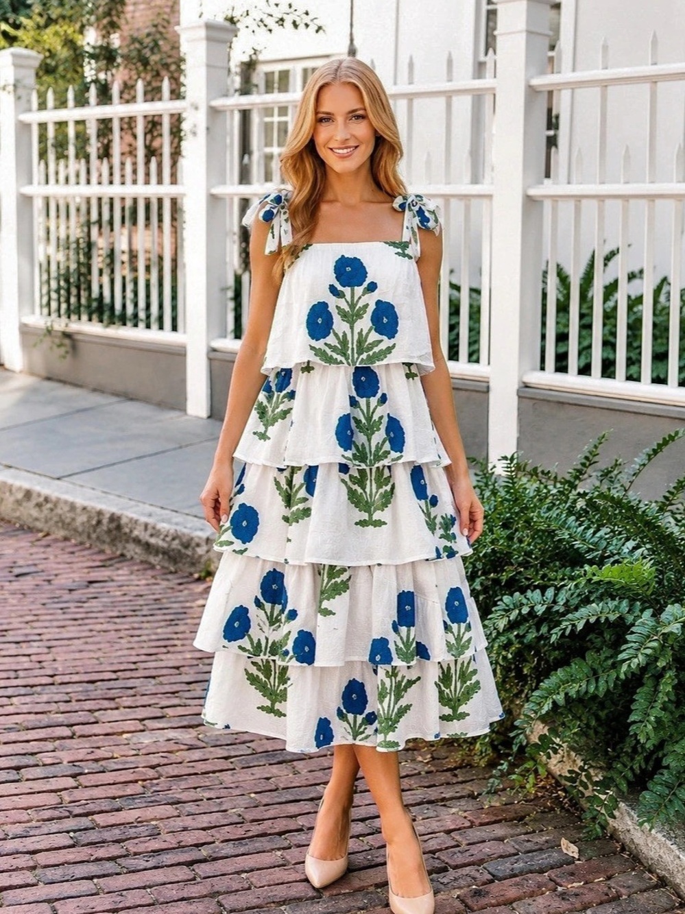 Victoria Dunn Bennet Blue Floral Tiered Midi Dress – Size M